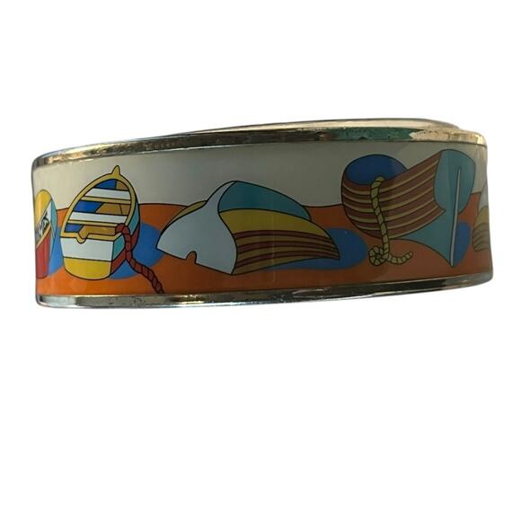 Hermès Thalassa Enamel Bangle Bracelet Silver Tone Wide White Blue Boat Design - Picture 9 of 12